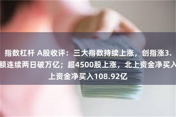 指数杠杆 A股收评：三大指数持续上涨，创指涨3.5%！成交额连续两日破万亿；超4500股上涨，北上资金净买入108.92亿